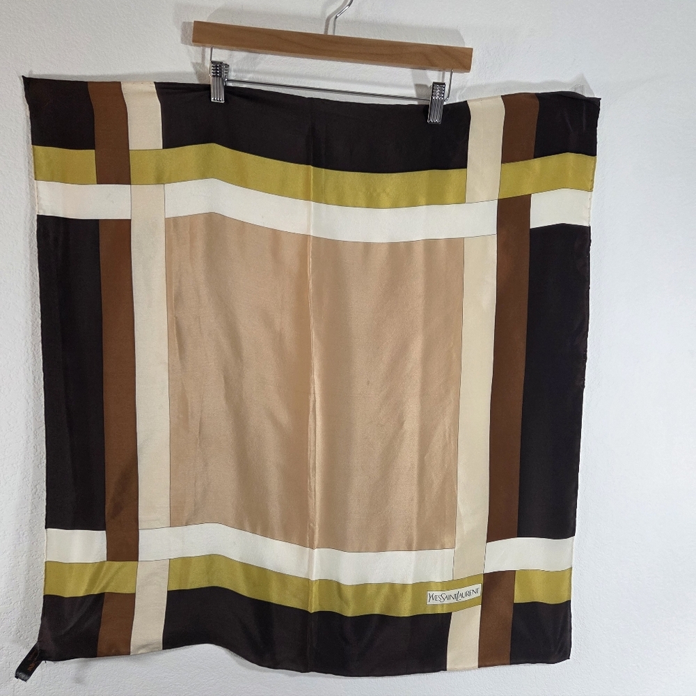 Vintage YVES SAINT LAURENT Silk Geometric Neutral Neckerchief Square Scarf - Picture 8 of 15